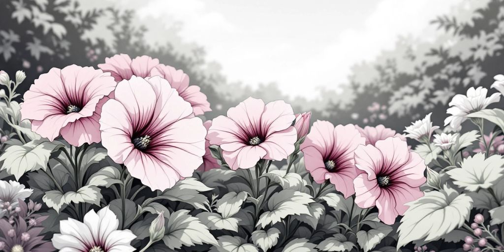 Zwart-wit anime illustratie van bloeiende petunia's.