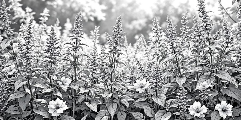 Zwart-witte anime illustratie van Salvia planten.