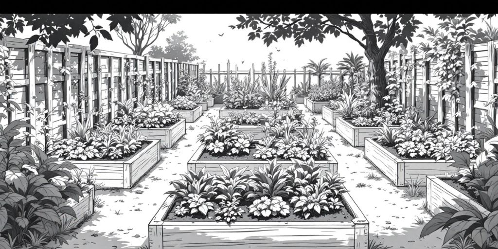 Zwart-wit anime afbeelding van verhoogde tuinbedden.