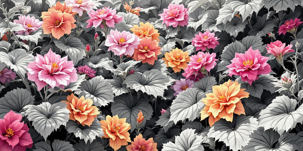 Zwart-wit anime van kleurrijke begonia's in een tuin.